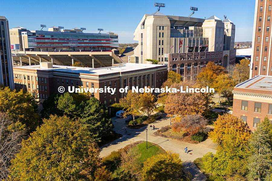 Students crossing campus on a sunny fall afternoon. November 11, 2024. Photo by Jordan Opp / University Communication and Marketing.